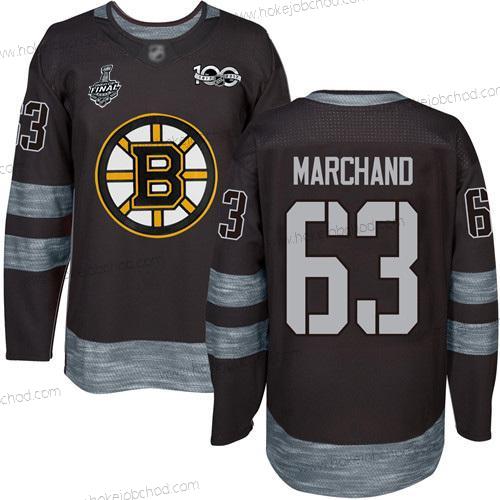 Muž Boston Bruins #63 Brad Marchand Černá 1917-2017 100th Výročí 2019 Stanley Cup Final Bound Sešitý Hokejový Dres