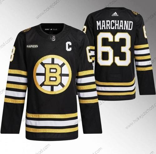 Muž Boston Bruins #63 Brad Marchand Černá With Rapid7 Patch 100th Výročí Sešitý Dres