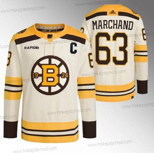 Muž Boston Bruins #63 Brad Marchand Krémová With Rapid7 Patch 100th Výročí Sešitý Dres