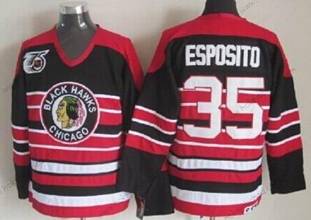 Muž Chicago Blackhawks #35 Tony Esposito Černá Pinstripe 75Th Retro CCM Dres