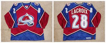 Muž Colorado Avalanche #28 Eric Lacroix Colorado 1996-97 Červené Modrý Avalanche Game Worn Dres