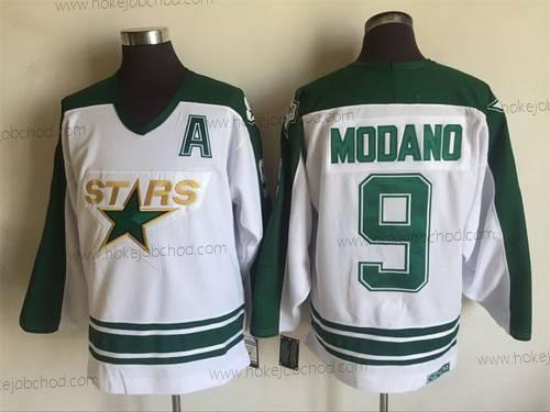 Muž Dallas Stars #9 Mike Modano 1993 Bílý CCM Sešitý Vintage Hokejový Dres