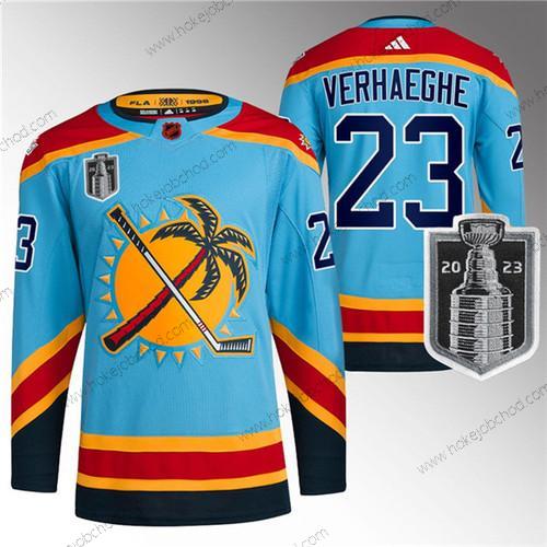 Muž Florida Panthers #23 Carter Verhaeghe Modrý 2023 Stanley Cup Final Obrácený Retro Sešitý Dres