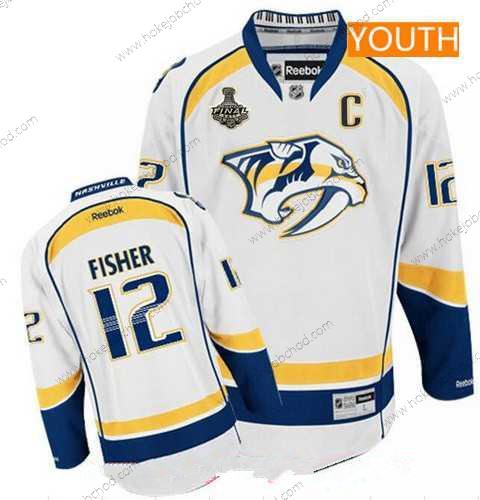 Muž Mládež Nashville Predators #12 Mike Fisher Bílý 2017 Stanley Cup Finals C Patch Sešitý NHL Reebok Hokejový Dres