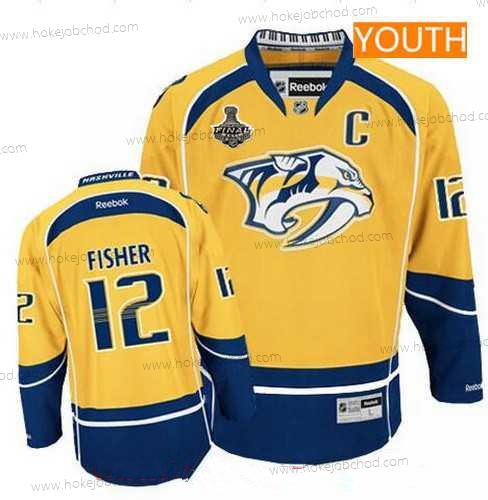 Muž Mládež Nashville Predators #12 Mike Fisher Žlutá 2017 Stanley Cup Finals C Patch Sešitý NHL Reebok Hokejový Dres