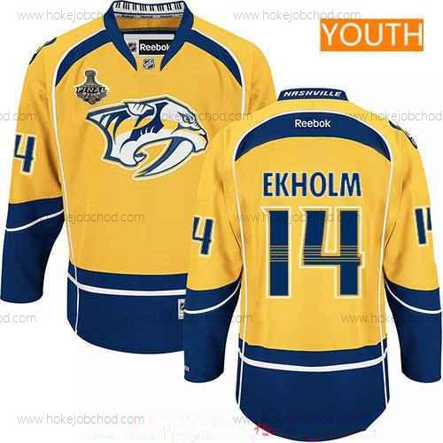 Muž Mládež Nashville Predators #14 Mattias Ekholm Žlutá 2017 Stanley Cup Finals Patch Sešitý NHL Reebok Hokejový Dres