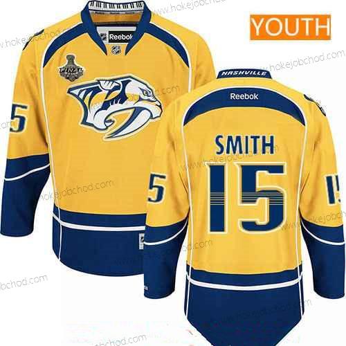 Muž Mládež Nashville Predators #15 Craig Smith Žlutá 2017 Stanley Cup Finals Patch Sešitý NHL Reebok Hokejový Dres