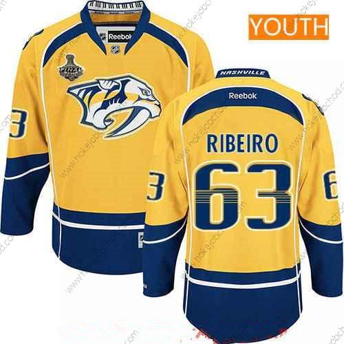 Muž Mládež Nashville Predators #63 Mike Ribeiro Žlutá 2017 Stanley Cup Finals Patch Sešitý NHL Reebok Hokejový Dres