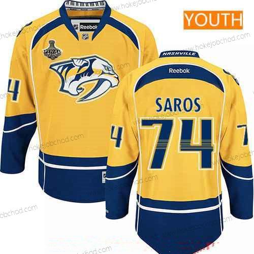 Muž Mládež Nashville Predators #74 Juuse Saros Žlutá 2017 Stanley Cup Finals Patch Sešitý NHL Reebok Hokejový Dres