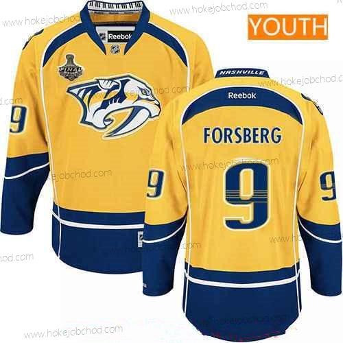 Muž Mládež Nashville Predators #9 Filip Forsberg Žlutá 2017 Stanley Cup Finals Patch Sešitý NHL Reebok Hokejový Dres