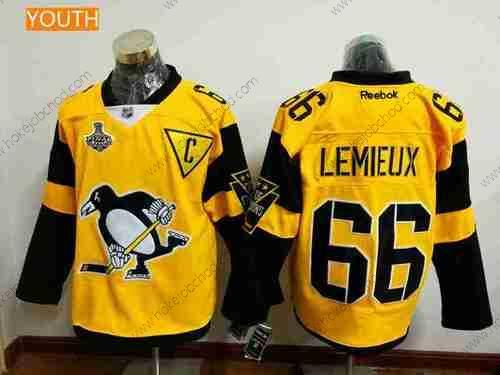 Muž Mládež Pittsburgh Penguins #66 Mario Lemieux Žlutá Stadium Series 2017 Stanley Cup Finals Patch Sešitý NHL Reebok Hokejový Dres