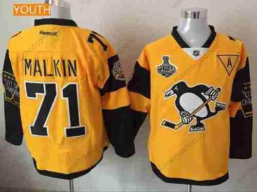 Muž Mládež Pittsburgh Penguins #71 Evgeni Malkin Žlutá Stadium Series 2017 Stanley Cup Finals Patch Sešitý NHL Reebok Hokejový Dres