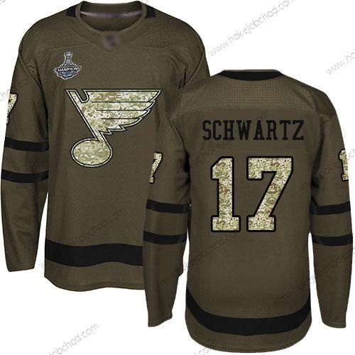 Muž Modrýs #17 Jaden Schwartz Zelená Salute to Service Stanley Cup Champions Sešitý Hokejový Dres