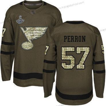 Muž Modrýs #57 David Perron Zelená Salute to Service Stanley Cup Champions Sešitý Hokejový Dres