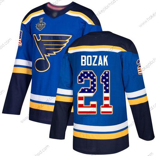 Muž St. Louis Blues #21 Tyler Bozak Modrý Domácí Autentické USA Flag 2019 Stanley Cup Final Bound Sešitý Hokejový Dres