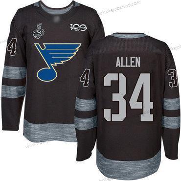 Muž St. Louis Blues #34 Jake Allen Černá 1917-2017 100th Výročí 2019 Stanley Cup Final Bound Sešitý Hokejový Dres