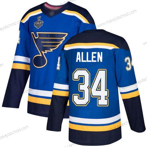 Muž St. Louis Blues #34 Jake Allen Modrý Domácí Autentické 2019 Stanley Cup Final Bound Sešitý Hokejový Dres