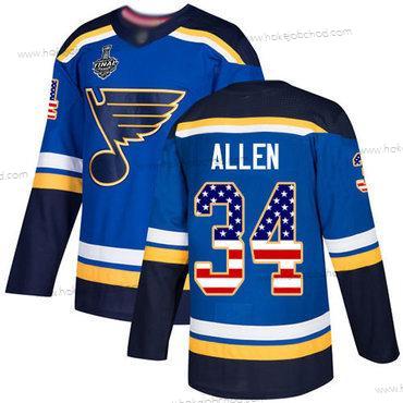 Muž St. Louis Blues #34 Jake Allen Modrý Domácí Autentické USA Flag 2019 Stanley Cup Final Bound Sešitý Hokejový Dres