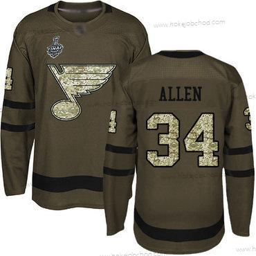 Muž St. Louis Blues #34 Jake Allen Zelená Salute to Service 2019 Stanley Cup Final Bound Sešitý Hokejový Dres