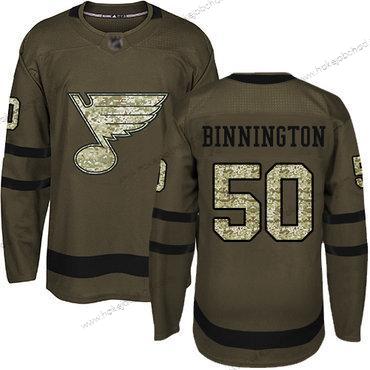 Muž St. Louis Blues #50 Jordan Binnington Zelená Salute to Service Sešitý Hokejový Dres