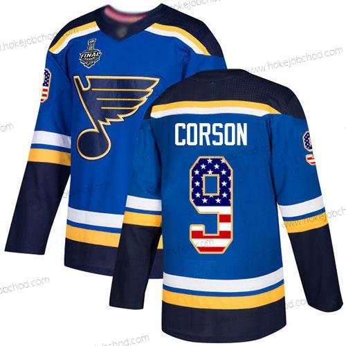 Muž St. Louis Blues #9 Shayne Corson Modrý Domácí Autentické USA Flag 2019 Stanley Cup Final Bound Sešitý Hokejový Dres