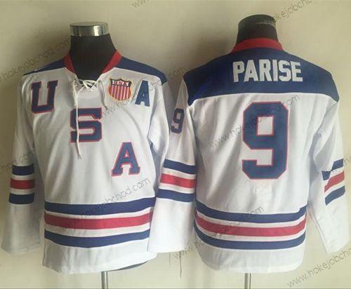 Nike Mládež Tým USA #9 Zach Parise Bílý 1960 Retro Sešitý NHL Dres