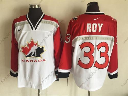 Nike Muž 1998 Tým Kanady #33 Patrick Roy Bílý Olympic Retro Sešitý Hokejový Dres