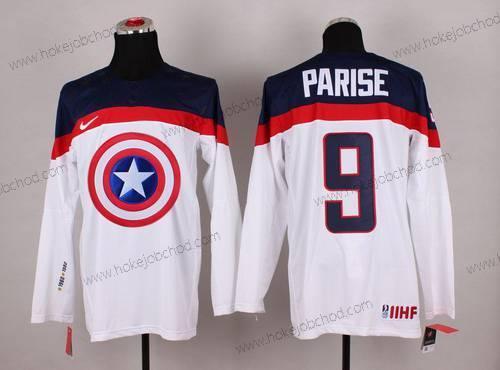 Nike Muž 2015 Tým USA #9 Zach Parise Captain Amerika Bílý Dres