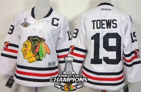 Žena Chicago Blackhawks #19 Jonathan Toews 2015 Zimní Klasický Bílý Dres W/2015 Stanley Cup Champion Patch