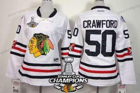 Žena Chicago Blackhawks #50 Corey Crawford 2015 Zimní Klasický Bílý Dres W/2015 Stanley Cup Champion Patch